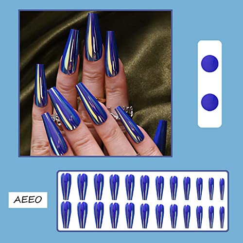 Aeeo Blue Press on Nails Long Coffin Fake Nails Glossy Ballerina False Nails with Glue Acrylic Nails Stick on Nails Artificial Nails for Women - Image 3