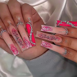 24 Pcs Press on NailsExtra Long Coffin Fake Nails Full Cover Glue on Nails Stick on Nails with Rhinestones Red Heart English Design False Nails Square Acrylic Nails Decorations for Women