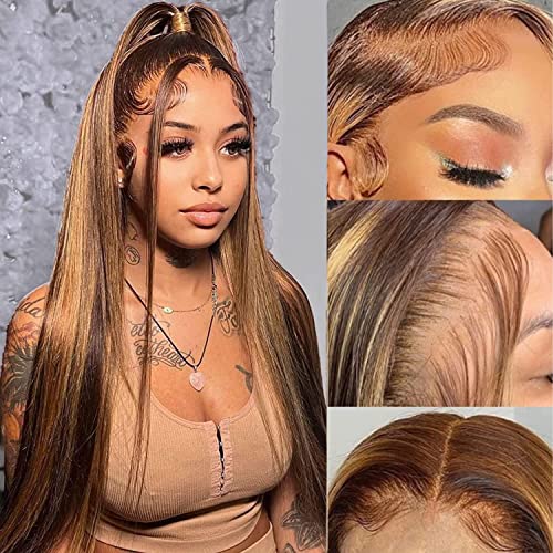 Highlight Lace Front Wig Human Hair 13x4 Honey Blonde HD Lace Front Wig Human Hair Pre Plucked 200% Density Straight Ombre Lace Front Wigs Human Hair Wigs for Women (22inch,4/27 13X4 Wig)