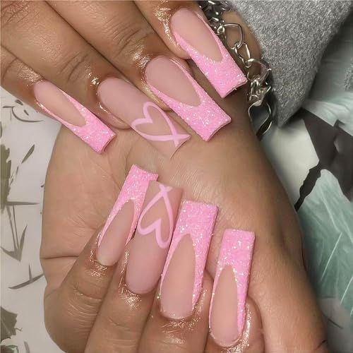 Pink Press on Nails Long Coffin French Nails press ons Valentines Fake Nails Pink Glitter False Nails Designs Pink Heart Valentines Day Nails Full Cover Acrylic Nails Stick on Nails Girls for Women