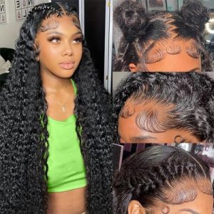 13x6 HD Lace Front Wigs Human Hair Pre Plucked Water Wave Lace Frontal Wigs Human Hair Curly Wig for Women 180 Density Natural Black 32 Inches