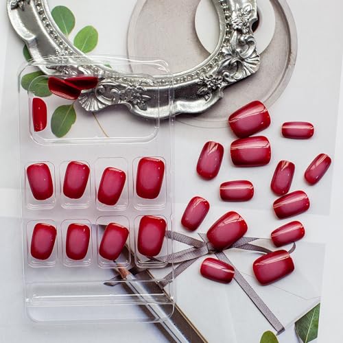 24Pcs Short Press on Nails Ballet Shape Fake Nails Coffin False Nails with Pink Blush French Designs Rose Red Acrylic Glossy Nails Artificial Full Cover Glue on Nails for Women Girls Summer Manicure - Image 2