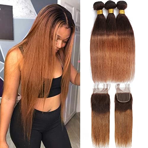 Ombre Straight Hair Bundles With Closure 10A Brazilian Virgin Remy Human Hair 2 Tone T4/30 Ombre Straight Human Hair Bundles with 4x4 Lace Closure Free Part (12 14 16 +12)