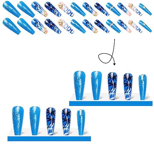 24Pcs Acrylic Press on Nails Long Fake Nails,Sun Beach Coconut Tree False Nails with Designs, Summer Nails Coffin Nails Press ons Colorful Artificial Nails For Women Girls - Image 4