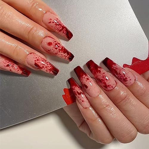 Long Press on Nails Halloween Coffin Fake Nails Full Cover Acrylic False Nails with Horror Blood Designs Glossy Red Stick on Nails Halloween Artificial Nails Glue on Nails for Women Girls Nail Decor
