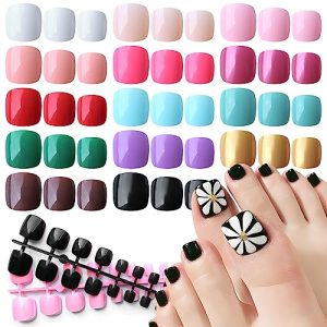 AddFavor Press on Toenails Full Cover Short Fake Toenails 14 Solid Colors Glossy Toe Nail Tips Acrylic False Fake Toe Nails for Women 12 Sizes