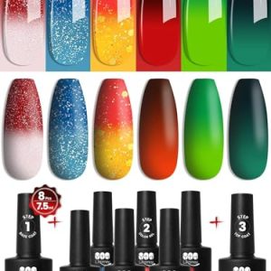 YTD Likomey Color Changing Gel Nail Polish Set,6 Colors with Base and Top Coat Mood Temperature Change Red Green Blue Yellow Orange Ombre Thermal UV Manicure Gift,8 Pcs 7.5ml