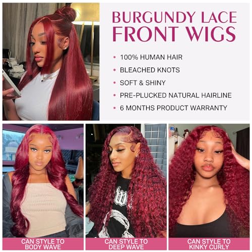 13x4 99j Burgundy Lace Front Wigs Human Hair Straight Lace Front Wigs with Pre-Plucked Natural Hairline 180% Density Glueless HD Transparent Lace Burgundy Lace Frontal Wigs for Women (16 inch) - Image 3
