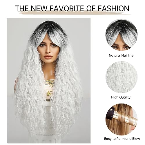 Allbell Long White Wigs for Women Curly Wigs with Bangs Heat Resistant Natural Synthetic Cosplay Wavy Wigs with Black Roots - Image 2
