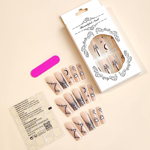 Long Coffin Nude Spider Ghost Halloween Press On Nails Acrylic Kit for Women 24 Count - Image 4