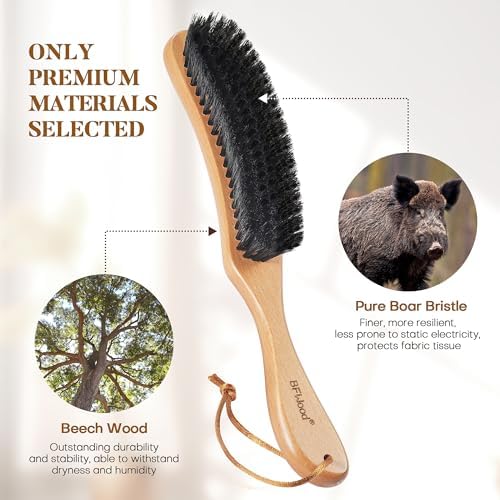 BFWood Clothes Brush - Boar Bristle Hat Brush Lint Brush for Suits, Cashmere, Wool, Velvet, Suede and Pet Hair - Large Beech Handle - Image 3