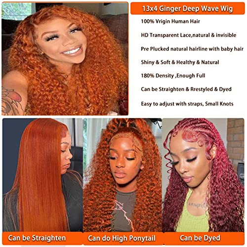 13x4 Ginger Orange HD Transparent Lace Front Wigs Human Hair Deep Wave Colored Human Hair Wigs for Black Women Curly Wigs Pre Plucked with Baby Hair 180 Density (20 Inch) - Image 4