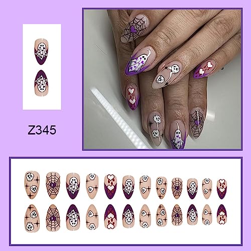 Purple Fake Nails Halloween Press on Nails Short Almond False Nails with Ghost Skull Spider Wed Heart Designs Cute Acrylic Fake Nails French Artificial Nails Full Cover Stick on Nails for Women 24Pcs - Image 7