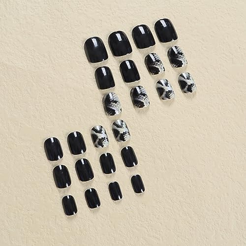 Press On Nails Short Square Black Snake Print Fake Nails Acrylic False Nail Tips Kit Glue on Nails for Women - Image 3
