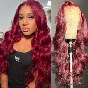 Burgundy Lace Front Wigs Human Hair Pre Plucked 180% Density 13x6 HD Transparent Body Wave Lace Front Wigs Human Hair with Baby Hair for Black Women Glueless Wine Red Colored Wig 28Inch
