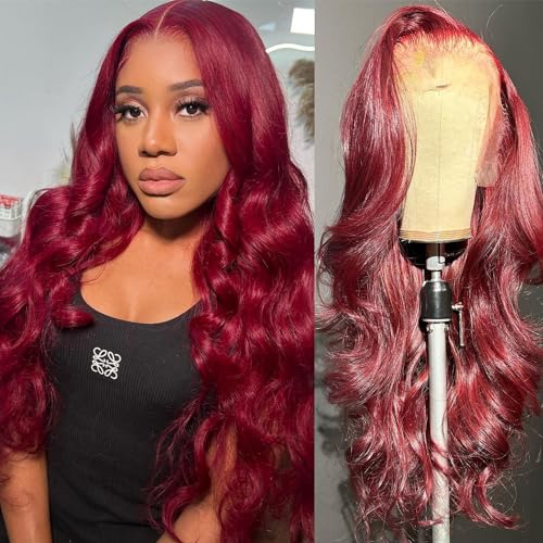 Burgundy Lace Front Wigs Human Hair Pre Plucked 180% Density 13x6 HD Transparent Body Wave Lace Front Wigs Human Hair with Baby Hair for Black Women Glueless Wine Red Colored Wig 28Inch