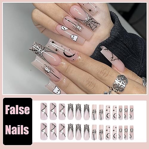24Pcs Halloween Press on Nails Long Fake Nails Black Spider Web French Tip False Nails Cute Ghost Spider Star Moon Nails Design Halloween Glue on Nails Full Cover Square Acrylic Nails Kit for Women - Image 2
