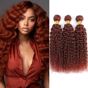 Reddish Brown Curly Wave Human Hair Bundles Color 33 Copper Red Kinky Curly Bundles 16 18 20 inch Brazilian Human Hair Double Weft Wet and Wavy Bundles Silky and Soft for Black Women
