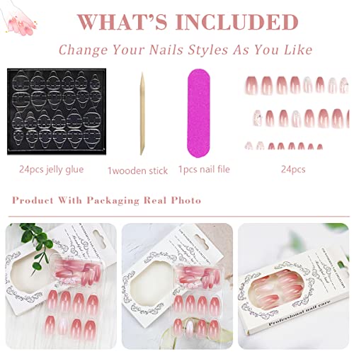 Pink Gradient Press on Nails Short, White Flowers Fake Nails Coffin, Petal Butterfly Acrylic False Nail Kits with Rhinestone Stick Glue on Nails Sets for Women Reusable Full Cover Gel Nails 24Pcs - Image 5