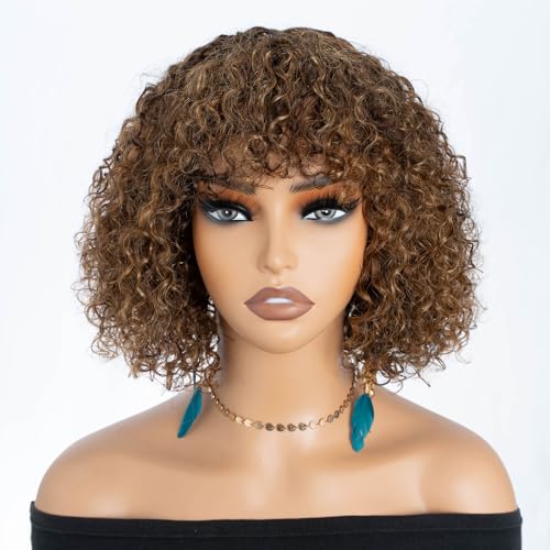 DÉBUT Water Wave Bob Wig with Bangs 10 Inch 100% Human Hair Short Curly Wigs Wear and Go Glueless Bangs Wig 150% Density Ombre Brown Mixed Honey Blonde Color