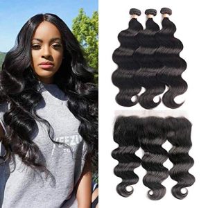 [Buy One Get One] LUXEDIVA 18 20 22 Inch 3 Bundles Deal Human Hair, Get Gift 18 Inch Lace Frontal 10A Brazilian Body Wave Hair Bundles with Frontal Brazilian Virgin Real Human Hair Wavy Weft