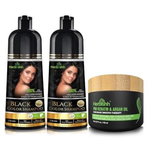 Combo Pack-2pcs Herbishh Hair Color Shampoo for Gray Hair+ 1pc Argan Intense Hair Mask- Hair Dye Shampoo – Colors Hair in Minutes – Long-lasting color– 500 Ml –Stimulates Dry Frizzy Hair (Black)