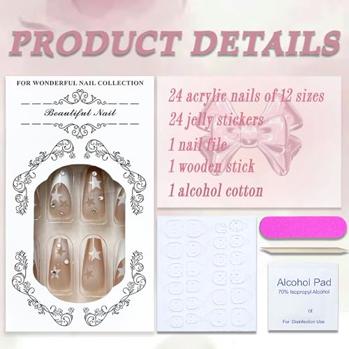 Y2K Press on Nails Long Coffin MABKJLF French Tip Fake Nails Nude Full Cover White Star False Nails with Designs Gradient Acrylic Nails Rhinestone Glossy Glue on Nails for Women Girls 24Pcs - Image 4