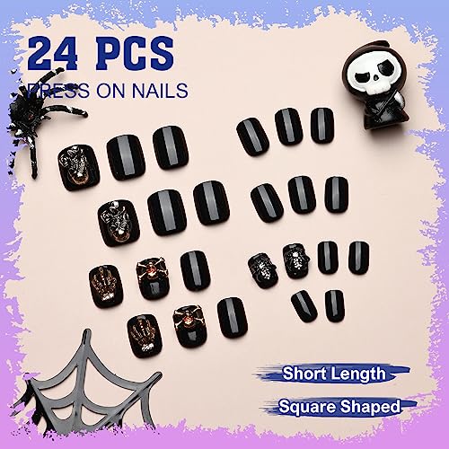 Artquee Halloween Press on Nails Short Black Fake Nail Glossy 3D Gold Skull Claws Spider Designs Square False Nails Acrylic Stick on Nails Tips Manicure for Women and Girls in 12 Sizes - 24pcs - Image 4