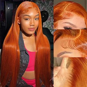 16Inch Ginger Lace Front Wig Human Hair 13X4 HD Transparent Lace Front Wig Colored Straight Lace Front Wig 150% Density Pre Plucked Natural Hairline with Baby Hair Ginger Orange Wig Human Hair