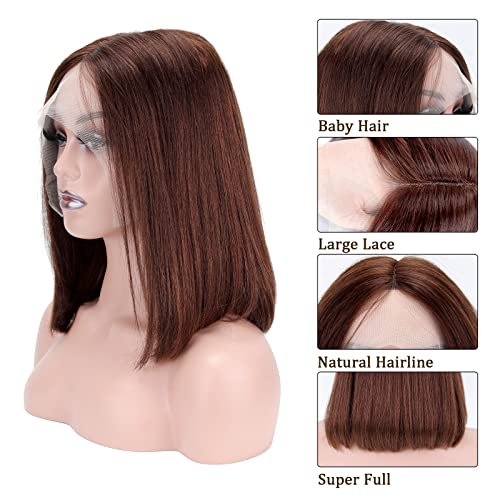 Short Straight Bob Human Hair Lace Front Wig 14 Inch 180% Density Brown - Image 3