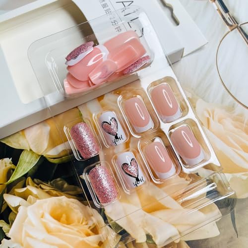Valentines Day Press on Nails Medium Square Glitter Fake Nails Coffin Acrylic Nails with Shining Heart Designs Valentines Nails Full Cover Glue on Nails Artificial False Nails for Women Manicure 24Pcs - Image 4