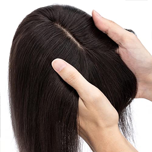 S-noilite Hair Toppers for Women Real Human Hair Topper with Bangs 6 Inch #1B Natural Black Silk Base clip in topper for Women with Thinning Hair 27g Hair Loss Cover 100% Real Human Hair - Image 7