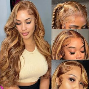 Honey Blonde 24 Inch Ombre Body Wave Human Hair Lace Front Wig 150% Density