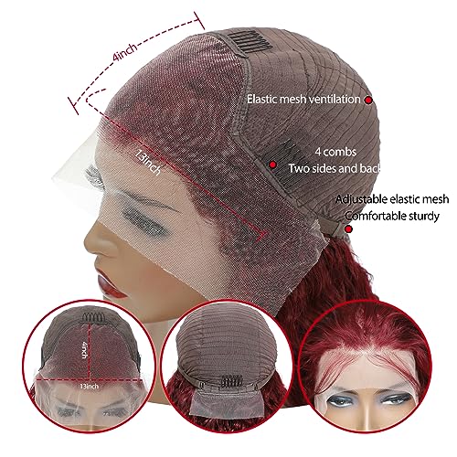 99J Burgundy Lace Front Wigs Human Hair 13X4 Water Wave Lace Front Wigs for Women Human Hair Glueless Red Deep Colored Curly Lace Front Wig Pre Plucked Bleached Knots 180% Density 26 Inch - Image 3