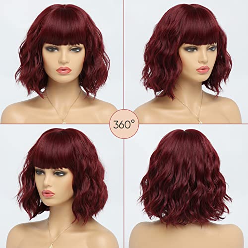 12-Inch Burgundy Wavy Bob Wig with Bangs for Women - Medium - Image 7