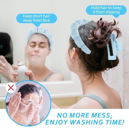 Skincare Headbands for Women, Makeup Spa Headband Bubble Face Wash Headbands for Washing Face or Facial with Hair Clips, Thick Hair Cute Puffy Sponge Head Hair Band for Women Girls Headwear (Blue) - Image 2