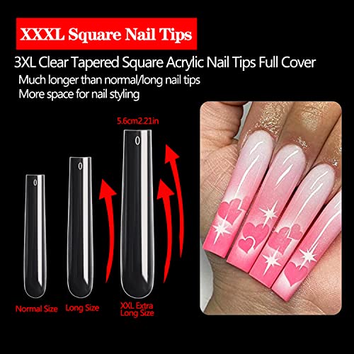 600PCS Square Nail Tips Full Cover, 3XL Clear Nail Tips for Acrylic Nails Professional, XXXL Full Cover Nail Tips No C Curve, Extra Long Tapered Square Fake Nails for Salons Home DIY Nail Art 12 Sizes - Image 2