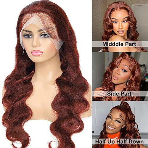 28 Inch Lace Front Wig Human Hair Body Wave Reddish Brown Human Hair Lace Front Wigs 13x4 HD Lace Front Wigs Human Hair Pre Plucked Colored 10A 180% Density Reddish Brown Frontal Wig - Image 3