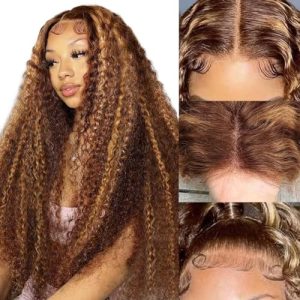 24inch Ombre Curly Lace Front Wig Human Hair 13x4 HD Honey Blonde Deep Wave Glueless Lace Front Wigs Human Hair Pre Plucked with Baby Hair 150% Density 4/27 Highlight Lace Front Wig Human Hair