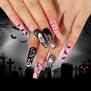 24 Pcs Halloween Press on Nail Pink Fake Nail Spider Ghost Heart Cute Design for Acrylic Nail Long Coffin Shaped Halloween Press on Nails Glossy Glue on Nails Artificial Nails for Women Girls