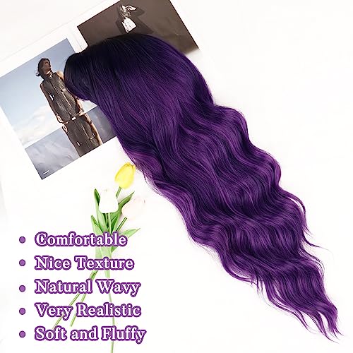 NAYOO Long Purple Wigs with Bangs for Women Curly Wavy Hair Wigs Heat Resistant Synthetic Fiber Wigs for Daily Party Use 26 Inches (Ombre Purple) - Image 3