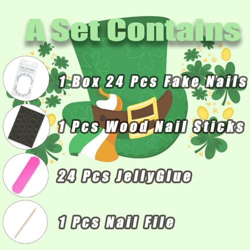 24 Piece Short Square French Tip Green Shamrock Glitter Fake Nails for Women Girls DIY - Image 6