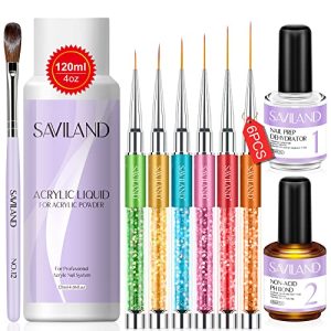 Saviland 4 oz Monomer Acrylic Nail Liquid with Nail Dehydrator and Non-acid PH Bond Set & 6pcs Nail Art Liner Brushes Set