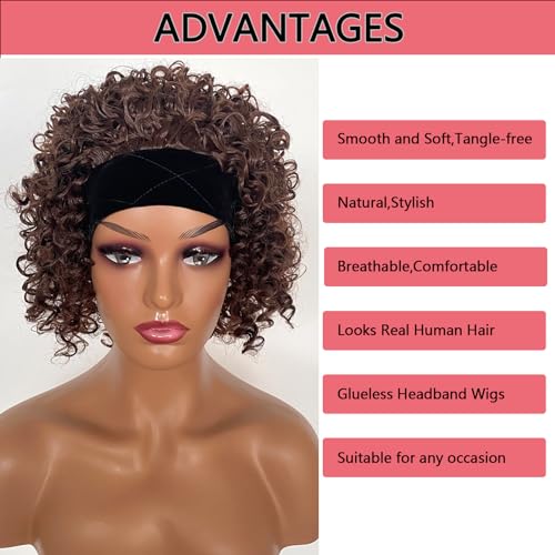 Short 8 Inch Kinky Curly Bob Headband Wigs Chocolate Brown Synthetic Glueless Wig with Headbands Attached For Black Women(Chocolate Brown) - Image 4