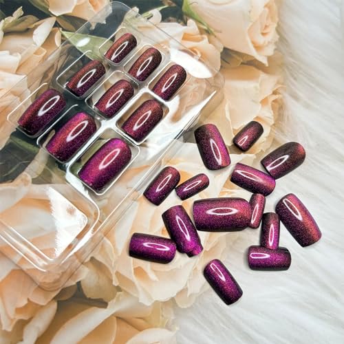 Purple Cat Eye Press on Nails Medium Square Fake Nails Glitter False Nails Glossy Reusable Acrylic Stick on Nails Glue on Nails Full Cover Obmre Artificial Nails for Women Girls Nail Decoration 24Pcs - Image 2