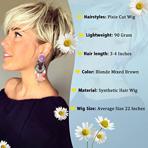 MIMAN Pixie Cut Wig Short Blonde Wigs with Bangs Fluffy Layered Synthetic Hair Wigs Mommy Wig Short Hair Styles for Women (Blonde Mixed Brown) - Image 2