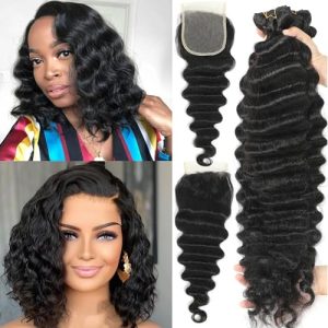 Brazilian Loose Deep Wave Human Hair Bundles with 4X4 Closure 10 12 14 Inch