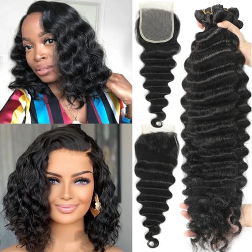 Brazilian Loose Deep Wave Human Hair Bundles with 4X4 Closure 10 12 14 Inch