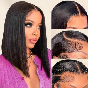 Bob Wig Human Hair 13x4 HD Transparent Lace Front Wigs For Black Women 180% Density Lace Frontal Short Bob Wigs Human Hair Glueless Pre Plucked With Baby Hair Straight Bob Wig Natural Color 14inch