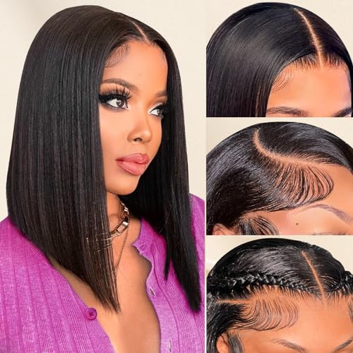 Bob Wig Human Hair 13x4 HD Transparent Lace Front Wigs For Black Women 180% Density Lace Frontal Short Bob Wigs Human Hair Glueless Pre Plucked With Baby Hair Straight Bob Wig Natural Color 14inch